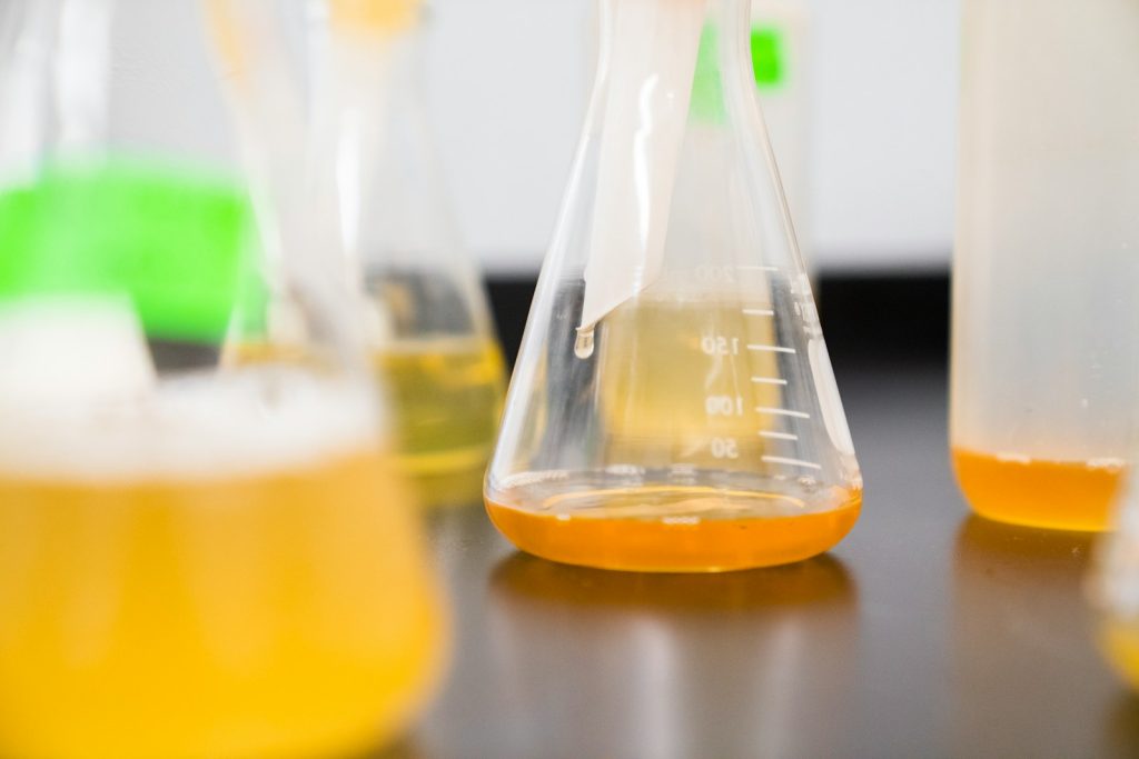 clear erlenmeyer flask on the table